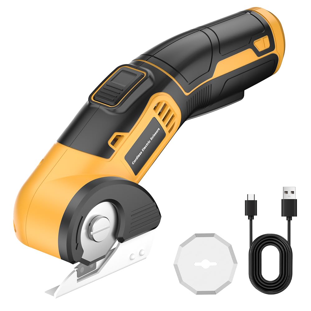 Photo 1 of Cordless Electric Scissors, 4V Rechargeable Cardboard Cutter Heavy Duty Fabric Scissor with Safety Lock & 1 Spare Blade, Power Rotary Box Cutters for Carpet Leather Plastic Cutting, Crafting, Sewing