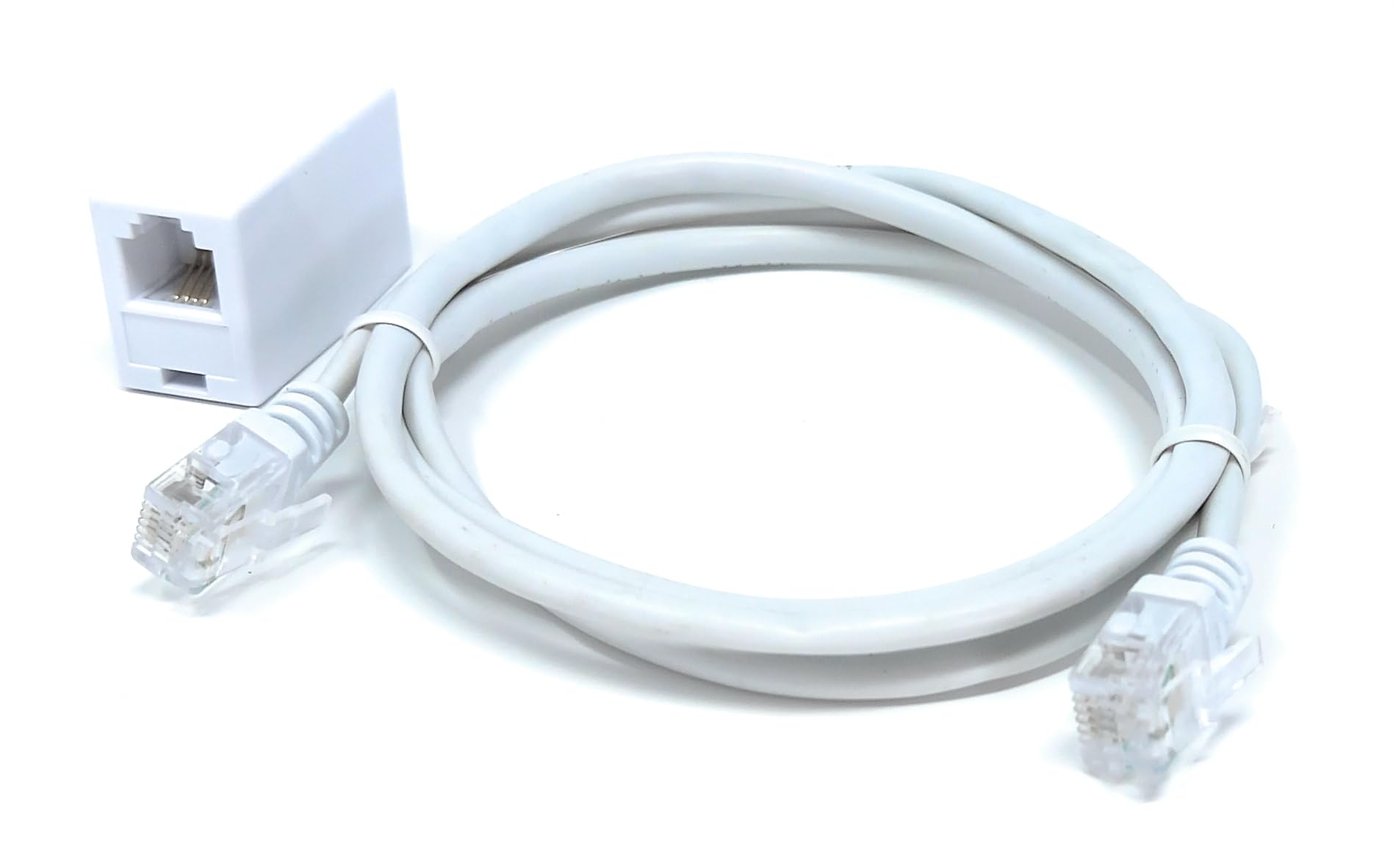 DRUT 1m RJ11 to RJ11 ADSL 2+ Male to Male Cable with Female Coupler, BT Telephone, Broadband, Modem Extension Lead, Gold Plated Connectors White 3.3ft