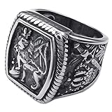KONOV Mens Stainless Steel Ring, Vintage Gothic Crown Leo King Signet, Black Silver