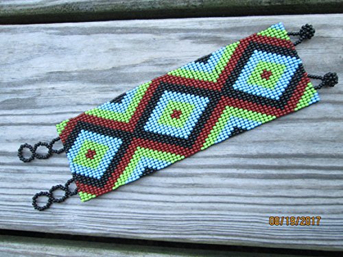 Fair trade wide flat bracelet turquoise brown Diamond geometric hand loom beaded southwest native american design fair trade beadwork seed beads geometric stripe ethnic handmade - Thumbnail 6