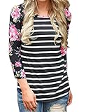OURS Women Casual O-Neck Raglan 3/4 Sleeve Floral Print Striped T-Shirt Tops