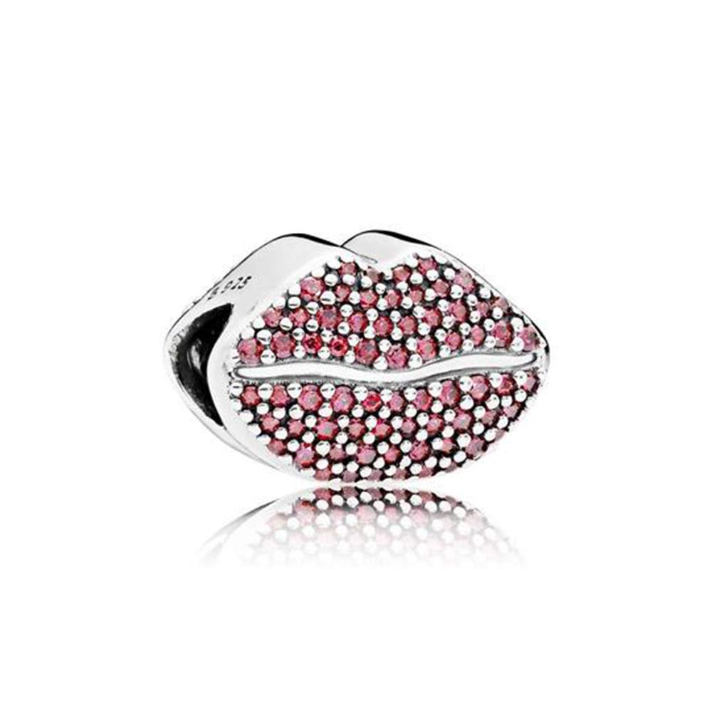 FGT Pink Crystal Red Lip Charm for Bracelets Necklaces Pendants Sterling Silver Charms Gift for Girlfriend Wife Mum Sister Mommy Friends Family Birthday Mothers Day