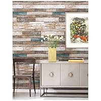 HaokHome 606 Distressed Wood Plank Wallpaper Wood Look 20.8" x 33ft Blue/Beige/Brown Home Kitchen Bathroom Wall Paper