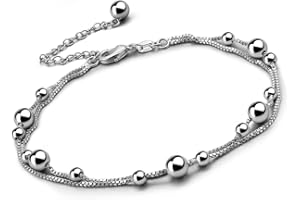 Meilanduo 925 Sterling Silver Two Layer Box Chain Bead Link Bracelet, Dual Purpose of Anklet and Bracelet - up to 11" inch - for Women Girls Teens