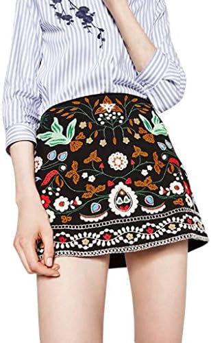 OHTOP Women Boho Skirt, High Waist Vintage Ethnic Flower Embroidered A Line Bodycon Short Mini Skirt