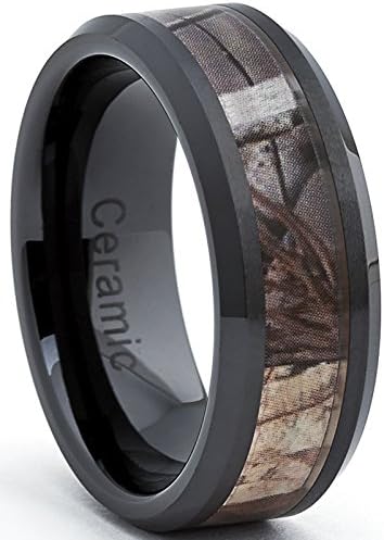Black Ceramic Men's Hunting Camo Ring, Comfort Fit Band, 8mm Size 12