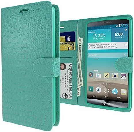 LG G3 Wallet Case , Mengo [Magna-Clasp Technology] Snake-Skin Material Credit Card Case with Wallet- Turquoise - Retail Packaging