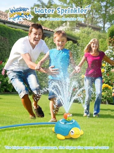 4 in 1 Turtle Water Sprinkler for Kids, Outdoor Toys with Snail Splash, Ring Toss, Baseball Game & Hurdle Play, 360°Roating Spray Summer Fun Backyard Garden Lawn for Toddlers Kids Boys Girl 3-12 Gifts