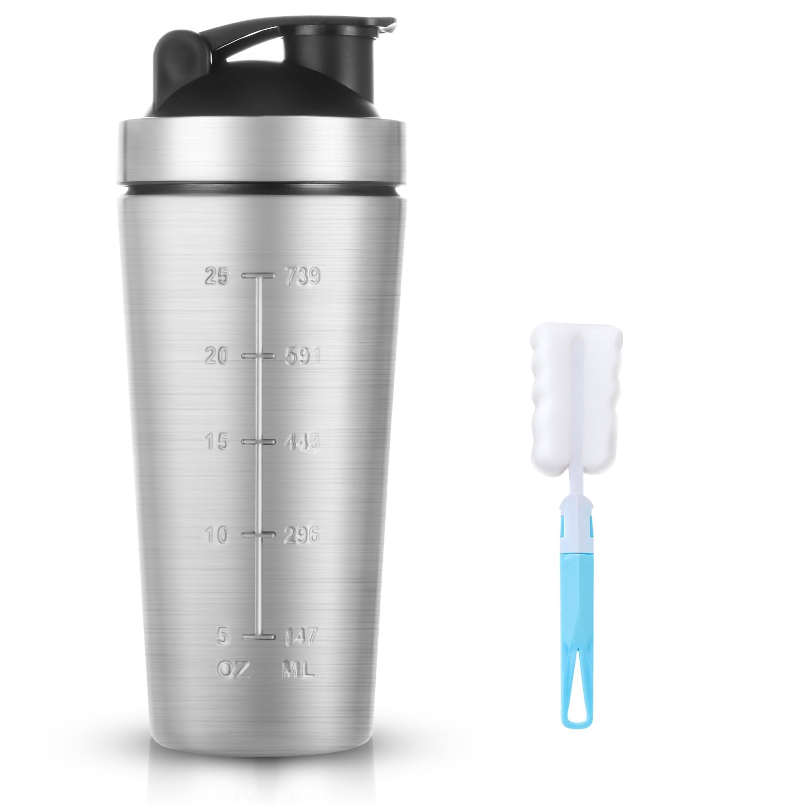 AOOWU Edelstahl Protein Shaker, 900 ml Shaker Eiweiß Sport Fitness mit Skala & Mixball & Schaumstoffbürste, Shakers - BPA Free/Leak Proof/Langlebiger/Geruchsneutraler, für Eiweiß, Diät, Fitness Shakes
