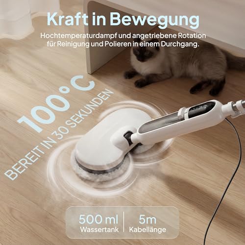 Livatro Hard Floor Steam Cleaner with Rotating Mop Head | 1300 W, steam in approx. 30s, 500ml tank, 15 accessories, 5m cable and 4 washable pads
