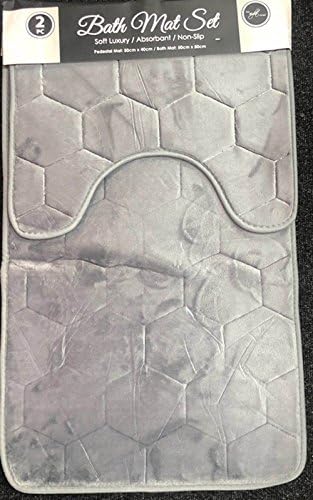 Artistic Fashionista 2 Pieces Luxurious Quality EMBOSSED MEMORY FOAM BATH MAT SET Non-Slip, Absorbable & Washable Pedestal Mat and Bath Mat Bathroom Rug (Grey)