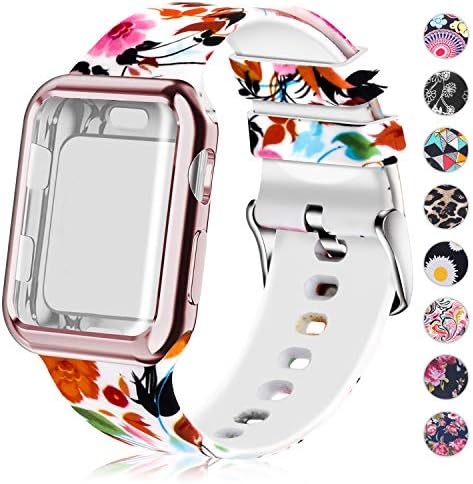 Compatible for Apple Watch Band 42mm Women with Screen Protector Case, Soft Silicone Sport Wristband for Apple Watch iwatch Series 3 2 1 (42mm,Flower)