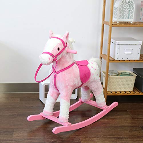 Kinbor Baby Kids Toy Plush Wooden Rocking Horse Boy Riding Rocker with Sound, Pink