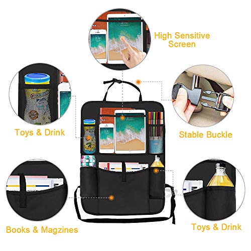 GLISTON Car Back Seat Organizer Kick Mats with Clear Touch Screen 10" Tablet Holder & 5 Storage Pockets Backseat Organizer Protectors Travel Accessories for Kids & Toddlers(2 Pack)
