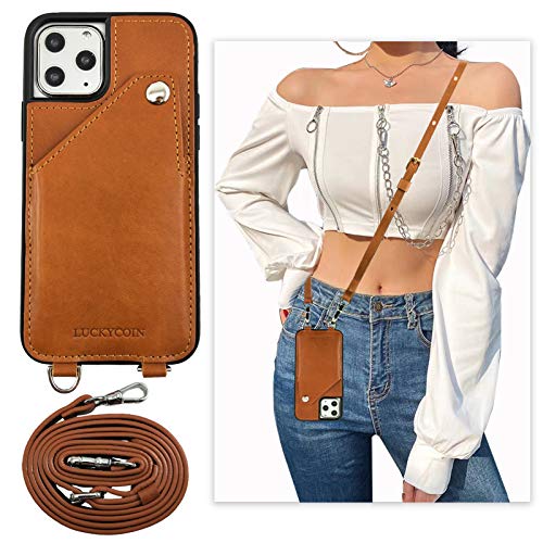 Luckycoin Crossbody Genuine Leather Case for iPhone 11 pro Case with Card Holder Detachable Adjustable Purse Women Shoulder Strap Shockproof Wallet Case Compatible with iPhone 11 Pro 5.8 inch Brown