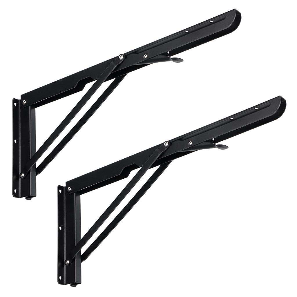 Photo 1 of Sumnacon Sturdy Folding Shelf Brackets - Heavy Duty Metal Triangle Table Bench 2 Pcs Folding Shelf Bracket White for Wall Mounted (16 Inch Black)