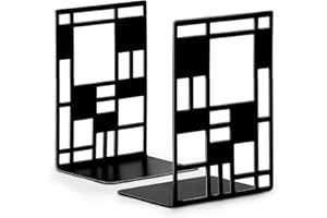 zmgmsmh Heavy Duty Metal Bookends Tree Book Ends Abstract Book Stopper Cook Book Stand up Supports Non-Skid Abstract Art bookends Branch Birds bookend Geometric Pattern(Line Blocks-Black, 1 Pair)