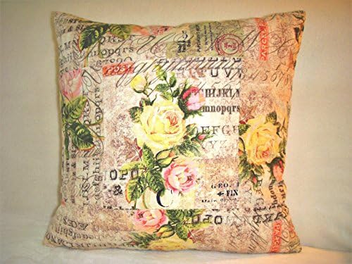 Rose Pillow Cover Roses Parcel Fabric Patchwork Flowers Yellow Pink Black Letters Script Stamps Numbers Green
