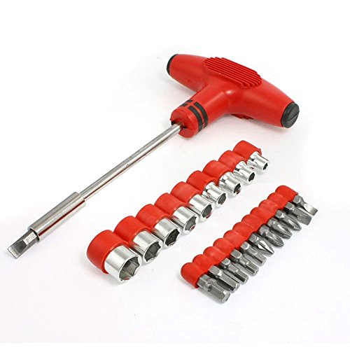 TOOGOO 22 1 Hexagon with T-Handle Socket Screwdriver bits Set Silver Tone Red