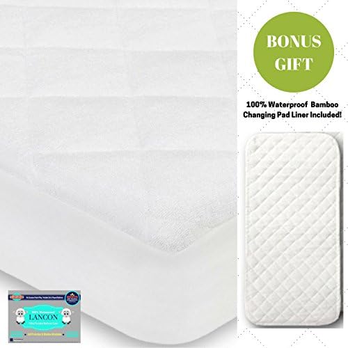 Organic Crib Mattress Pad Cover + BONUS Changing Pad Liner Included! – Waterproof, Hypoallergenic, Fitted with Ultra Soft Bamboo Quilted Top - Fits ALL Standard Crib Mattresses