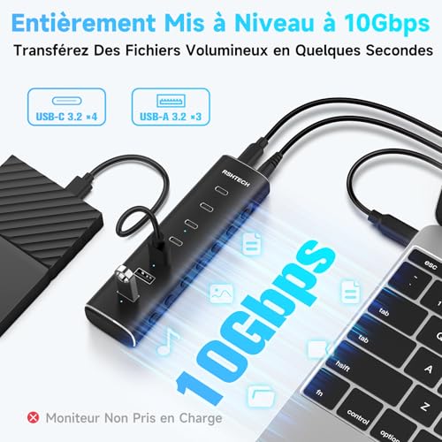 RSHTECH 36W USB C Powered Hub, 7 Ports (4C+3A) Aluminum USB-C 3.2 10Gbps Data Hub with 12V/3A AC Adapter and Detachable Cable 3.3 Feet