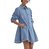 D-Sun Women's Long Sleeve Denim Dress Button Down Collar Casual A Line Swing Ruffle Jean Mini Dresses