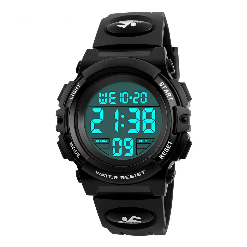 FeiWen Women's Sports Digital Watches 50M Waterproof Outdoor Multifunction LED Military Watch for Boy Plastic Case with Rubber Band Simple Design, Black