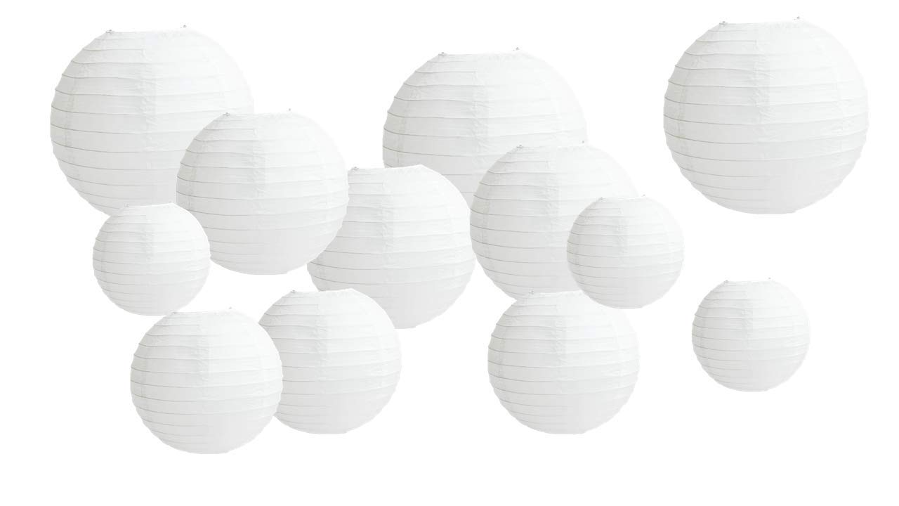 12 PCS Paper Lanterns, Round White Paper Lantern with Wire Ribbing, Different Sized White Lampshades, 6" 8" 10" 12" Paper Lampshades for Weddings, Parties, Celebrations, Patios and Rooms