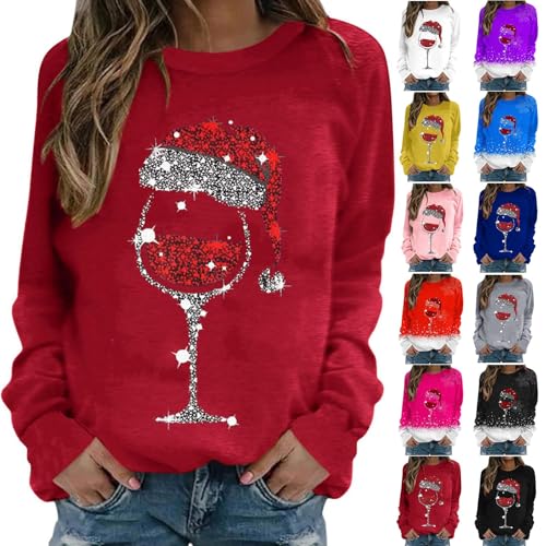 Nuaoxyeu Christmas Jumper Women Christmas Jumpers for Women Red Wine Glass Graphic Sweaters Plus Size Long Sleeve Crewneck Pullover Holiday Casual Sweatshirts Xmas Womens Jumper