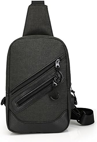 Versatile Water Resistant Canvas Sling Crossbody Bag with USB Charging Port for Cycling Running（Black Blue (black)