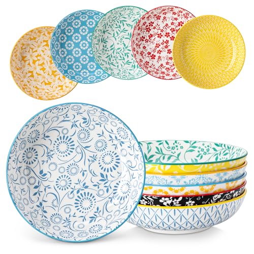 vancasso Selene 40 OZ Colorful Floral Pasta Bowls Set of 6, 1200 ML 8.5 Inch Large Ceramic Serving Bowls for Salad, Soup, Noodles, Fruit, Microwave and Dishwasher Safe Dinner Sets, House-Warming Gift