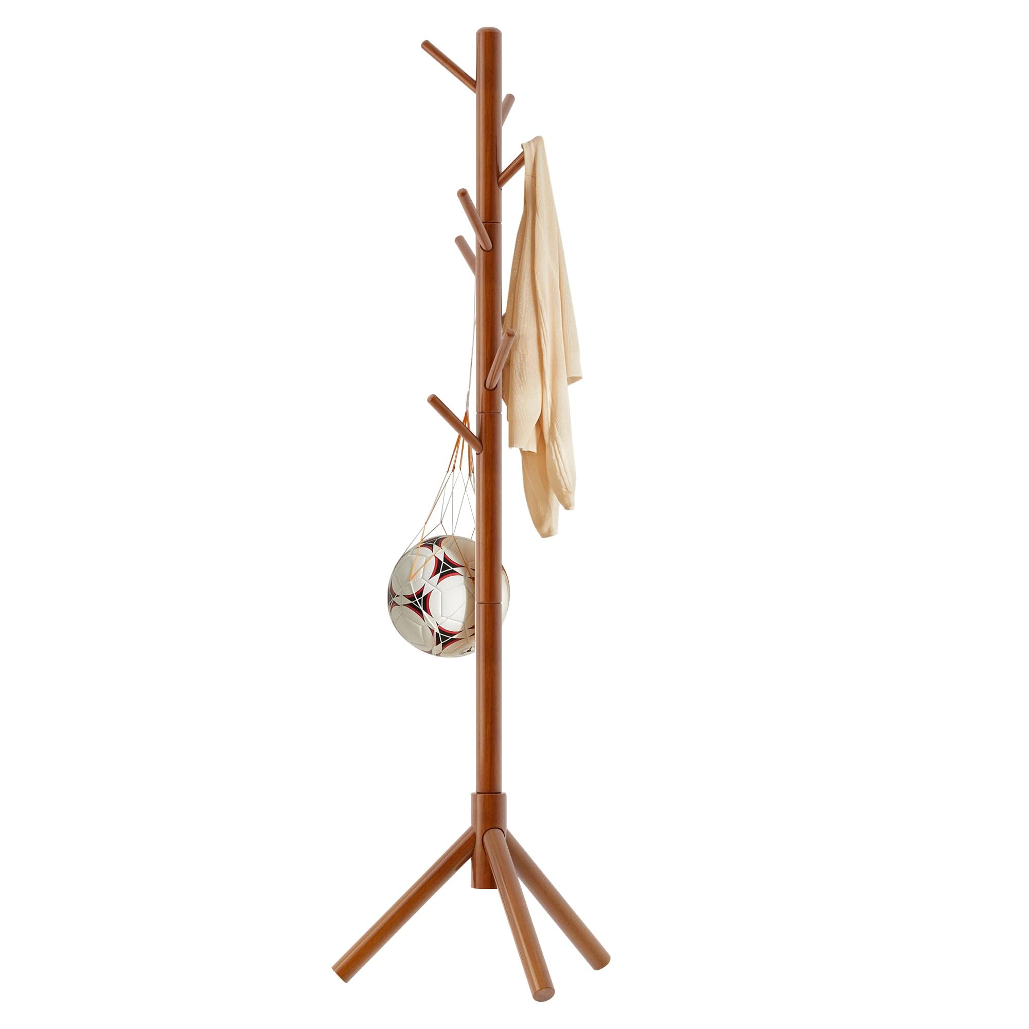 Aibiju Coat Rack Free Standing, Coat Tree With 8 Hooks and 3 Height Options, Wood Coat Hanger Stand, Suit for Adults,Kids, Home/Entryway/Hallway (Brown),YD-1006