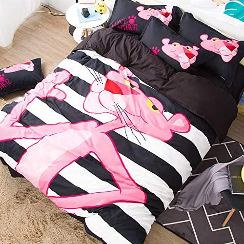Auxging Pink Panther Duvet Cover Set, 100% Cotton Bedding, Pattern Printed in Pink Black and White, with Zipper Closure, 4pcs for Kids Adults,1.8m