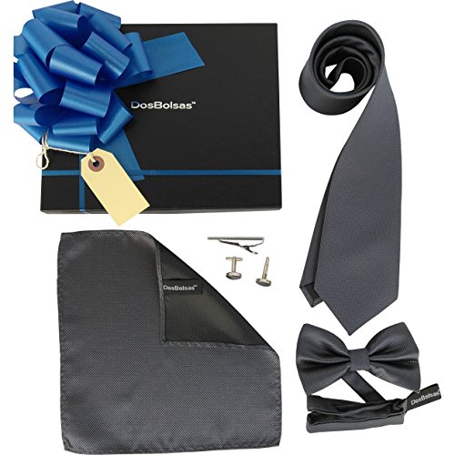 Necktie, Bow Tie, Copper Tie Clip, Cuff links, Pocket Square Gift (Grey)