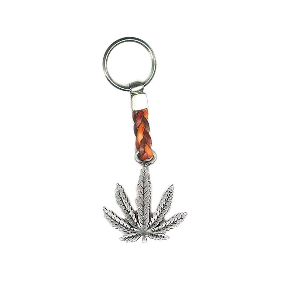 Key Ring Holder Pendant "Hemp Leaf" on a Beautiful Leather Band, 8 cm Plus Ring 2,5cm