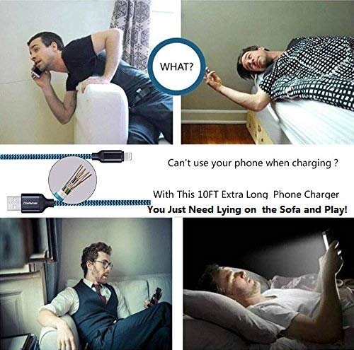 Long Phone Charger Cable, Nylon Braided 3-PACK 10ft Extra Long USB Data Cord Sync and Charging Lead for Phone X XS Max XR/8/8 Plus 7/7 Plus 6/6s Plus 5/5s/5c, Pad Mini/Air/Pro Pod Touch (Blue)