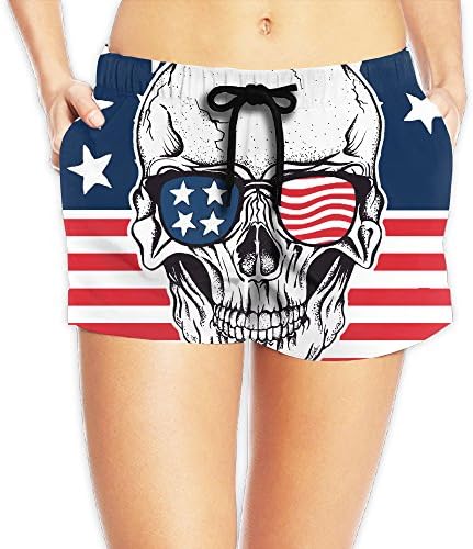 Womens American Flag Skull Quick-drying Summer Boardshort Swimm Surf Trunk Athletic Beach Board Shorts