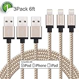 Xcords(TM) 3Pack 6Ft Lightning to USB Cable Charger with 8-Pin Connector Compatible with iPhone 6/ 6 Plus/ 6s/ 6s Plus /5/5s/5c/iPad/iPod and More(Golden)