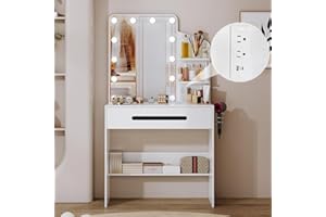 SBDMIRAU 31.5" W White Vanity desk with mirror and lights,Small makeup vanity with 1 Large drawer,Modern makeup table with Power Outlet and 12 Lights for Bedroom,Makeup Room,Bathroom,Writing Desk,cheap