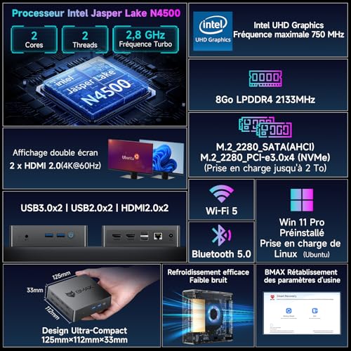 BMAX B3Pro Mini PC, Intel Celeron N4500 (up to 2.8GHz), 8GB DDR4 RAM + 256GB M.2 SATA/NVMe SSD, Win-11Pro, Micro Desktop Computer, WiFi 5, BT5.0, Dual Display 4K Tower PC for School/Office