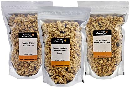 Grandma Emily Organic Granola Cereal Mixpack. (Made in CANADA), 6 x 11.64 oz. (330g) Bags in 3 Delicious Flavours. Organic Original/Organic Cranberry Almond/Organic Raisin Almond.100% Canadian Oats