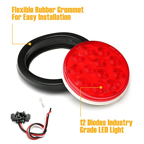 AMBOTHER 4'' Round 12-LED Truck Trailer Brake Stop Turn Marker Tail Light Flush Mount Back-Up Low Profile Light, Waterproof Tight Sealed Grommet Plug for RV Boat Truck Trailer Red DC 12V (Pack of 4)