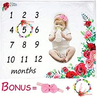 ROYBENS Baby Monthly Milestone Blanket Girl, 2019 Floral Plush Fleece Baby Photography Background Prop Memory Blanket Boy Large Newborn Soft Wrinkle-Free Flower Blanket, Bonus Wreath Headband