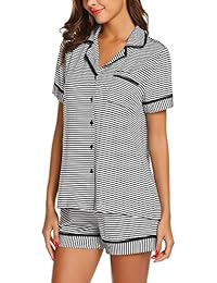 Ekouaer pijama de manga corta para mujer, suave, a rayas, con botones, conjunto de pijamas cortos (S-XXL)