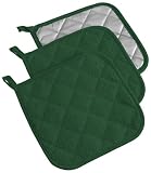 DII 100% Cotton, Quilted Terry Oven Set Machine Washable, Heat Resistant with Hanging Loop, Potholder, 7 x 7, Dark Green, 3 Piece