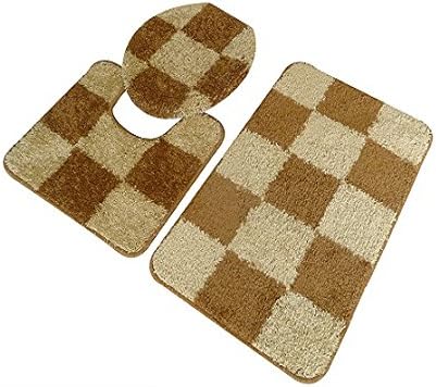 5th Avenue 3-Piece Checkered Bathroom Rug Set, Bath Mat, Contour and Toilet Cover - Gold