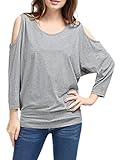 Allegra K Women Batwing Sleeves Cut Out Shoulder Loose Top L Grey
