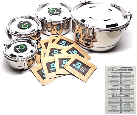 Bundle of 5 Items: Small, Medium, Large and Extra Large CVault Airtight Storage Containers with 12 Extra Boveda 8 Gram 62% Humidipak Regulators + Twin Canaries Chart