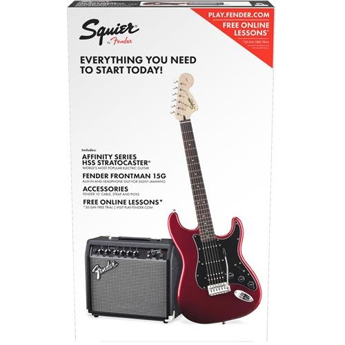 Squier by Fender Stratocaster Beginner Electric Guitar Pack with Frontman 15G Amplifier - Candy Apple Red Finish - HSS
