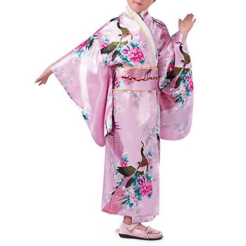 Geisha Costumes Child - Girls Kimono Costume Japanese Asian Top Dress Robe Sash Belt Fan Set